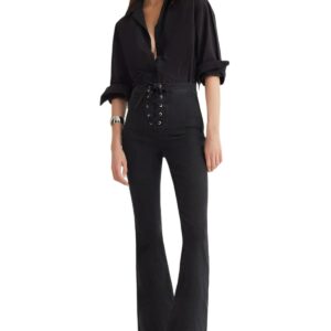 ترنديول بنطلون جينز بقصة واسعة وخصر مرتفع مزين بعروات للنساء، لون اسود، TWOSS25JE00005