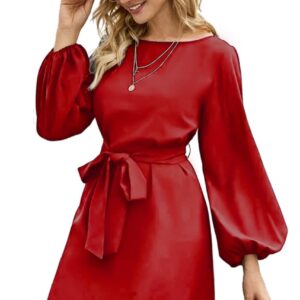 فستان نسائى احمر قصير بحزام وسط وكمام واسعة