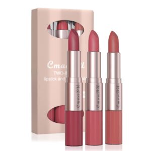 مجموعة أحمر شفاه وملمع 2 في 1 ، مخملي غير لامع مزدوج الرأس عالي الصبغة مكياج مقاومة للماء وتدوم طويلًا للنساء 3 قطع بين بيست ريد خوخي زهري بينك