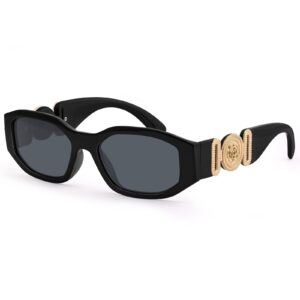 نظارة شمسية للنساء بتصميم مستطيل غير منتظم نظارات كلاسيكية دائرية عصري عتيق للحماية من الاشعة فوق البنفسجية أسود