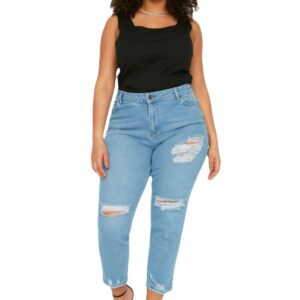 ترنديول بنطلون جينز سكيني بخصر مرتفع وتفاصيل ممزقة بلون ازرق للنساء TBBSS22JE0187 مقاس كبير