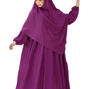 طقم عباية اسلامي من 3 قطع (عباية وخمار فرنسي ونقاب) من خامة الكريب الملكي موديل 9045، مقاس واحد يناسب حتى 120 كيلو للنساء من جمال صنز للعباية (ارجواني فاتح)