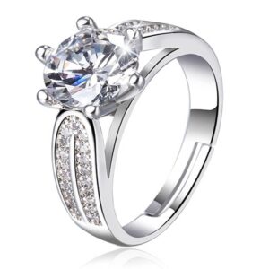 خاتم خطوبة من الألماس الصناعي مطلي بالذهب ومصنوع الفضة الإسترلينية عيار 925 للنساء مفتوح بحجم قابل للتعديل سواروفسكي ايليمنت JZ080 ذهب أبيض