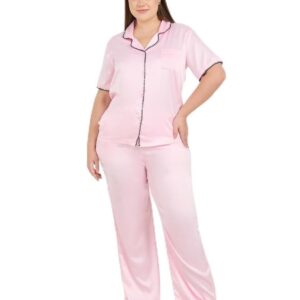 طقم بيجامة مكون من قميص ساتان بخياطة متباينة للنساء من ستايلي