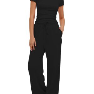 بدلة رياضية للنساء من قطعتين مكونة من بلوزة بأكمام قصيرة مكشكشة وسروال عالي الخصر بأرجل واسعة من دارونج