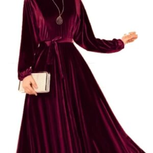 فستان مخملي بكم طويل ولون نبيذي XL للنساء