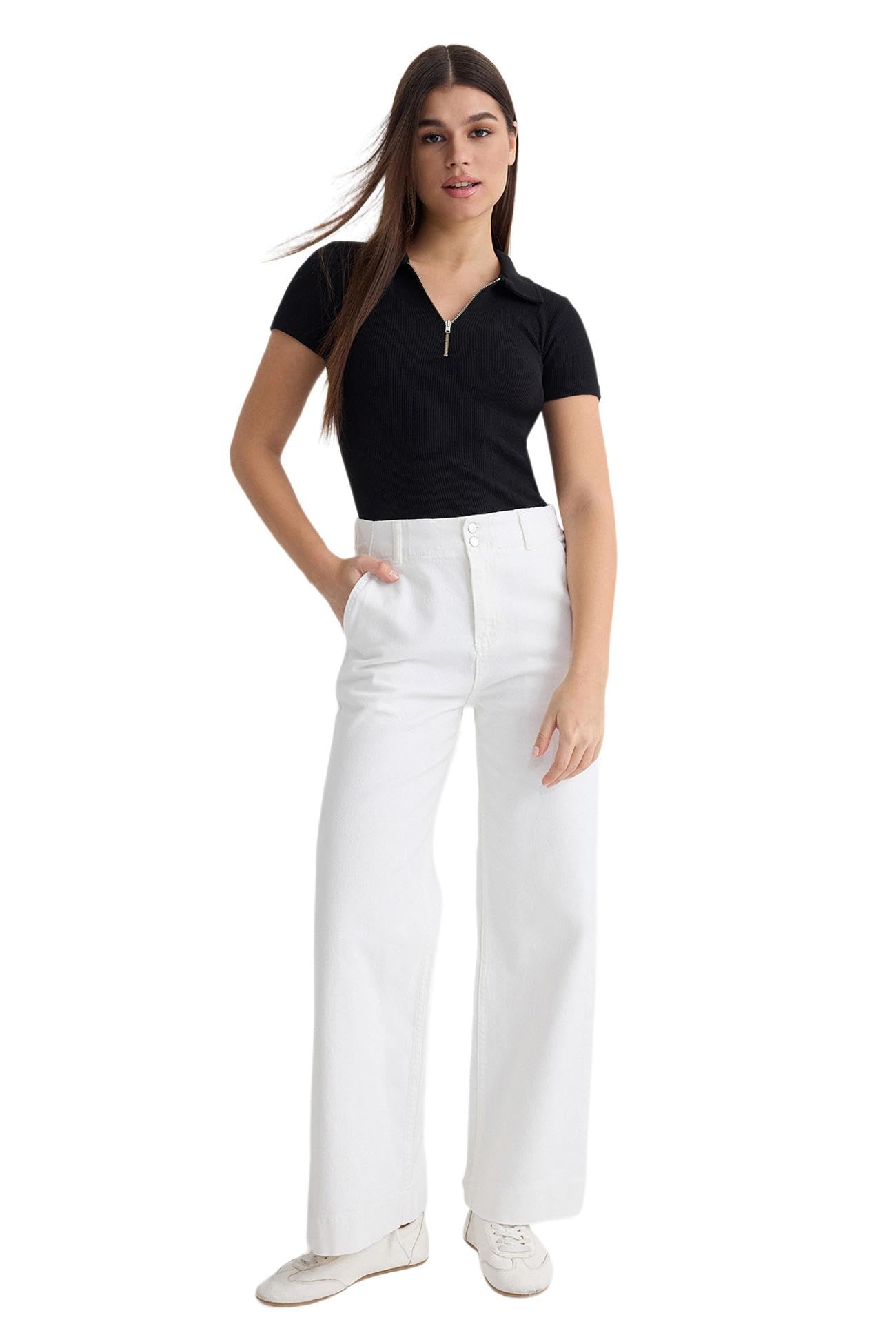 51XUWuycImL بنطلون جينز TWOSS25JE00183 بأزرار وخصر مرتفع وأرجل واسعة للنساء من ترنديول، أبيض