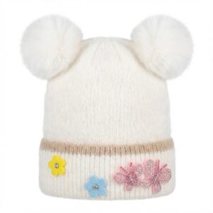 ايس كاب أطفال بناتي شتوي صوف تريكو ناعم بتصميم أذني الدبدوب بكرات فرو مزدوجة مزين بفراشات وزهور ملونة قبعة تدفئة للرأس مريحة ولطيفة