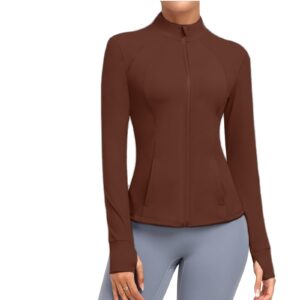 جاكيت رياضي للنساء من سيجاي، جاكيت بسحاب للتمارين الرياضية مع جيوب للركض بدون غطاء للرأس، جاكيت يوغا بقصة ضيقة سليم فت مع فتحات للابهام