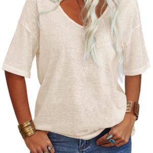 تي شيرت نسائي مخطط برقبة على شكل حرف V وأكمام قصيرة كاجوال صيفي