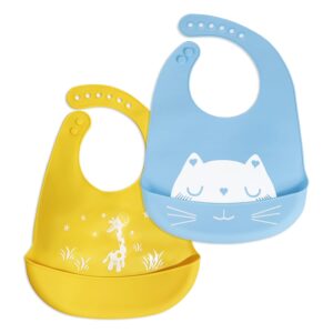 مرايل اطفال مقاومة للماء من السيليكون الامن غذائيا قابلة للغسل في الغسالة مع جيوب مجموعة الحطام للجنسين من سي كيو كيو ان اي يو (قطة زرقاء سماوي + برتقالي لام)