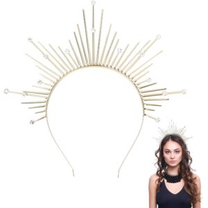 شريط راس على شكل تاج بلون ذهبي مرصع باحجار راين سبايك صن بيرست - هالة زفاف عتيقة من عصر النهضة، غطاء راس للإلهة اليونانية، اكسسوار ازياء للنساء لحفلات الزفاف والحفلات التنكرية والمهرجانات