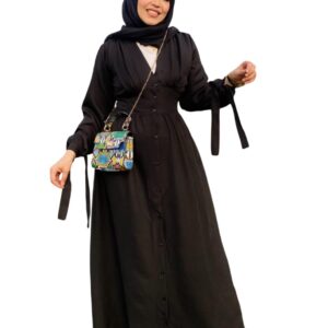 فستان طويل كتان بأكمام طويلة - أسود