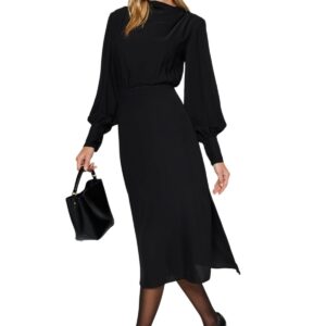 فستان للنساء أسود ميدي متوسط بقماش منسوج بفتحة TWOAW24EL00851 من ترينديول