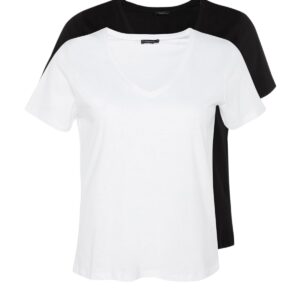 ترنديول تيشيرت بيسيك محبوك برقبة على شكل حرف V مصنوع من القطن بنسبة 100% للنساء بلون اسود وابيض مقاس كبير TBBSS22TS0705 مقاس كبير TBBSS22TS0705