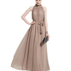 فستان شيفون طويل بدون اكمام، لون بني, L، للنساء