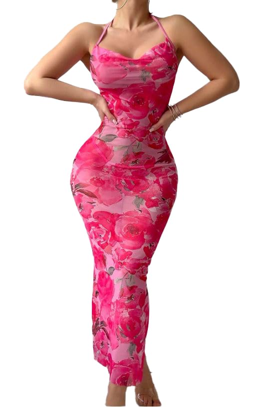 51eAAazMHgL فستان ميدي من الليكرا بتصميم سويت هارت، للنساء، قصة ضيقة، بدون أكمام، مع إغلاق سحاب، بنقشة زهور باللون الوردي