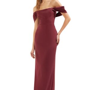 فستان سهرة طويل من نسيج محبوك بياقة كارمن وقصّة تبرز قوام الجسم للنساء TPRSS25AE00008 فستان سهرة وتخرج من ترنديول