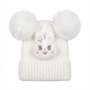 قبعة شتوية للأطفال بتصميم أرنب لطيف مصنوعة من نسيج مخملي ناعم ومبطن من الداخل للتدفئة ايس كاب بناتي بكرات فرو مزدوجة مريحة للارتداء اليومي