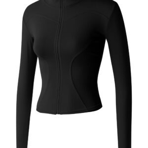 جاكيت رياضي خفيف الوزن للنساء بقصة ضيقة وسحاب كامل قابل للتمدد مع فتحات للابهام