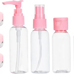مجموعة زجاجات زينة للسفر من البلاستيك محمولة ومانعة للتسرب مع بخاخ للكريمات والعناية الشخصية وتخزين مستحضرات التجميل من 7 قطع، وردي وشفاف