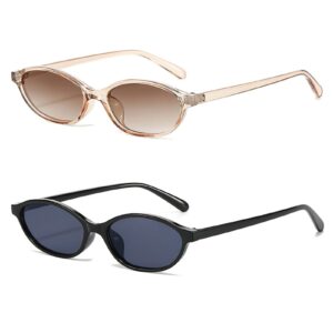 نظارات شمسية بعدسات بيضاوية رترو للنساء والرجال من ازوني بتصميم عصري وانيق بنمط التسعينيات للحماية من الاشعة فوق البنفسجية، عبوة من قطعتين (ذهبي فاتح + اسود)