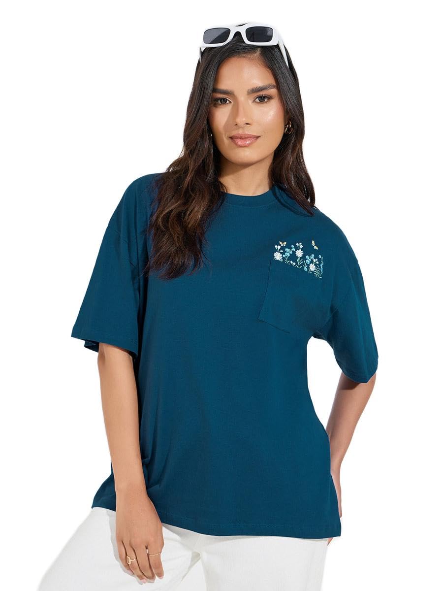 51fkj3y5FeL تي شيرت للنساء مصنوع من قطن جيرسي بتصميم مطرز بقصة عادية للنساء من ستايلي