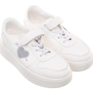 حذاء رياضي جلد للاطفال 99.99 مع اغلاق بلاصق فيلكرو ورسم على شكل قلب على الجانب ونعل مكتنز (ابيض/رمادي، مقاس 35)