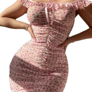 فستان لانجري بتصميم كتف مفتوح ورقبة مفتوحة (وردي وأبيض)