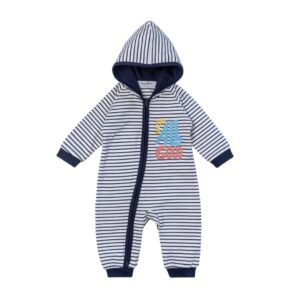 سالوبيت قصير بغطاء رأس للأطفال بنمط مخطط وسوستة أمامية مع رسومات لطيفة من عمر الولادة إلى 24 شهر، أبيض وكحلي