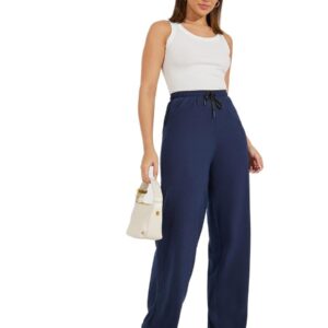 سروال رياضي للنساء بخصر مطاطي برباط وقصة أرجل واسعة، بنطال رياضي بتصميم بلون سادة من ستايلي