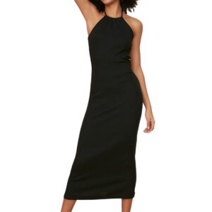 ترنديول فستان محبوك متوسط الطول من قماش مضلع منسوج برقبة برباط للنساء، لون اسود، TWOSS22EL1220