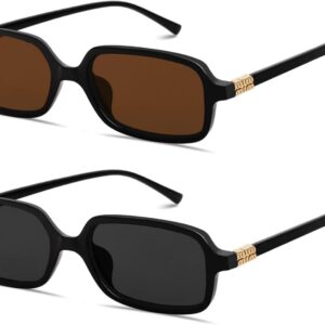 نظارات شمسية ريترو للنساء والرجال، نظارات شمسية بتصميم مستوحى من التسعينيات من ازوني بتصميم صغير مستطيل لطيف وانيق، عبوة من قطعتين (اسود + بني)