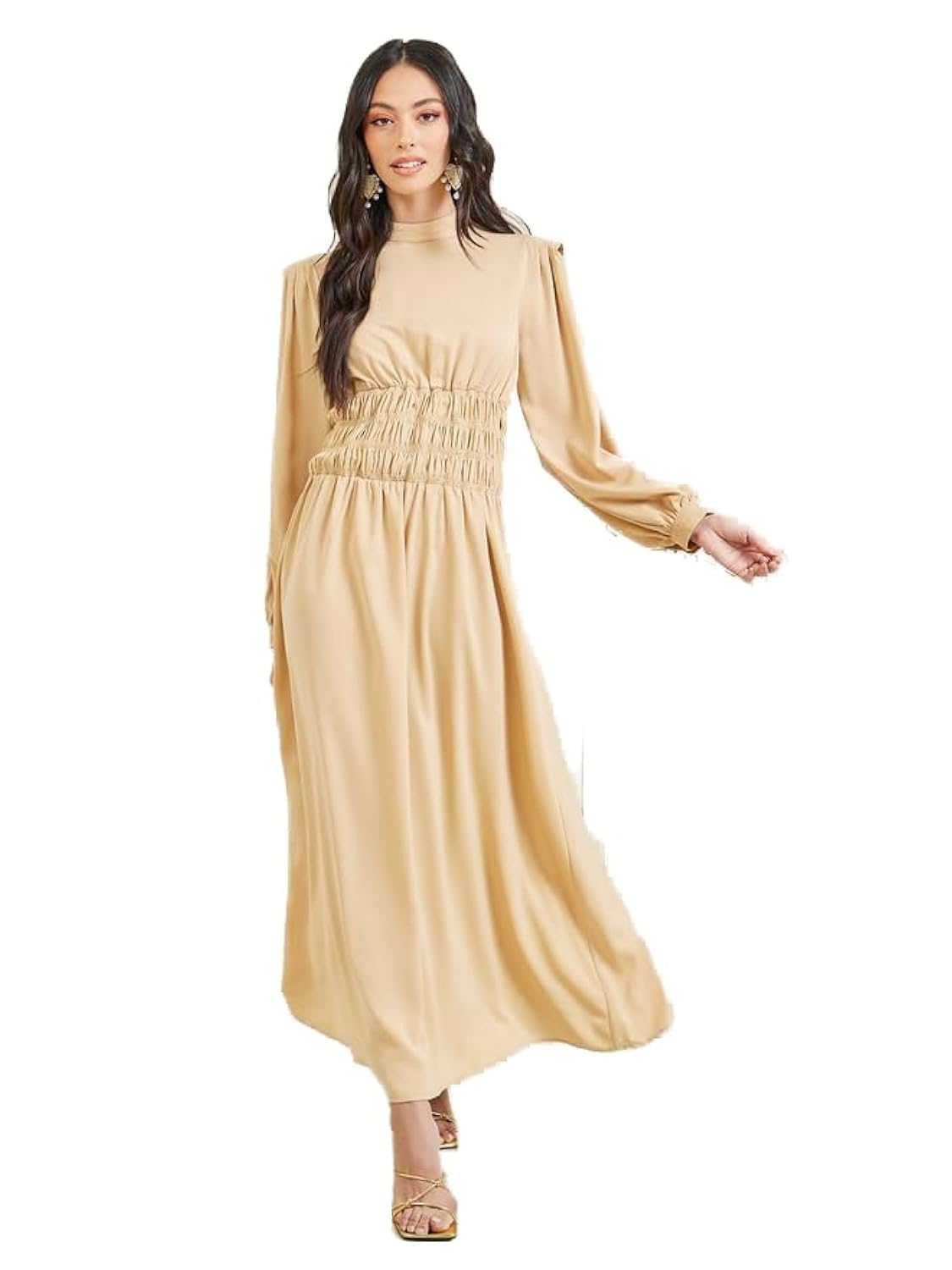 51kA33iTWJL فستان ماكسي بقصة ايه لاين ورقبة عالية وتفاصيل على الخصر للنساء من ستايلي