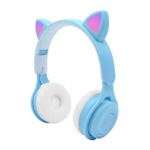 Cat Ear Kids Headphones, Bluetooth 5.0 Cat Ear Headphone, Foldable Kids Bluetooth Headset, Over-Ear Wireless Headphones with Mic LED Light, Compatible with Smartphone, Pad, Lapto