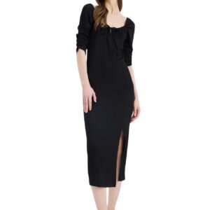 فستان ضيق منسوج للنساء والشابات برقبة مربعة وكم ثلاثة أرباع، جيبة وفستان بأكمام طويلة من ديفاكتو، (عبوة من قطعة واحدة)