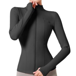 بلايز رياضية باكمام طويلة للنساء، تي شيرت قصير للياقة البدنية وتمارين اليوغا، تي شيرت للجري للسيدات، تي شيرت للياقة البدنية والتمارين الرياضية، مع فتحات للابهام، اسود (M)