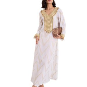 جلابية بطبعة شيفرون من الرقائق المعدنية مع تطريز ذهبي للنساء من ستايلي