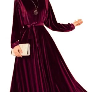 فستان قطيفة طويل بلون نبيذي للنساء