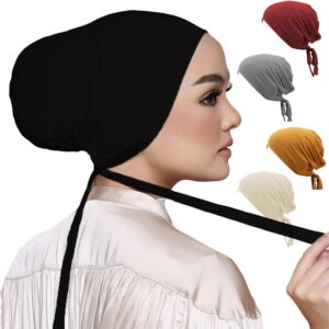 [منتج مطور] كاب للنساء اسفل الحجاب الاسلامي، قبعة صغيرة داخلية بنمط قلنسوة اسفل الحجاب، قبعة توربان تحت الوشاح مع اربطة خلفية سوداء، عبوة من 5 قطع, متعددة الألوان, قياس واحد