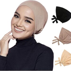 قبعة حجاب تحت الوشاح للنساء من واي ار كيو اكس، قبعة حجاب اسلامية تحت الوشاح، قبعة حجاب اسلامية مع رباط خلفي، قبعة حجاب بلون سادة للنساء، قبعة نوم قابلة للتمدد من 3 قطع