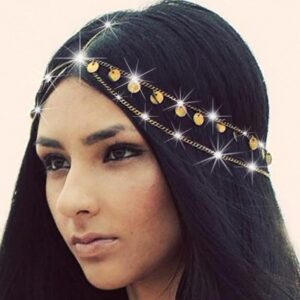 شريط راس بسلسلة شعر، عصابات راس بوهو مرصعة بالترتر، اكسسوارات شعر ذهبية للنساء للربيع والصيف