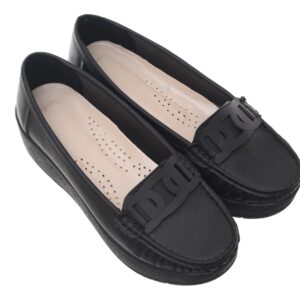 99.99 Women's Leather Shoes with Chunky Block Heel and Front Leather Chain (Black, 41)