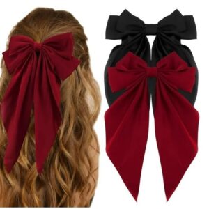 فيونكة شعر سوداء من الساتان الحريري، مشابك شعر كبيرة للنساء، شرائط شعر كبيرة الحجم ذيل طويل لطيف، اكسسوارات شعر للنساء، هدية عيد الميلاد، الجمال والعناية الشخصية، مشابك ومشابك