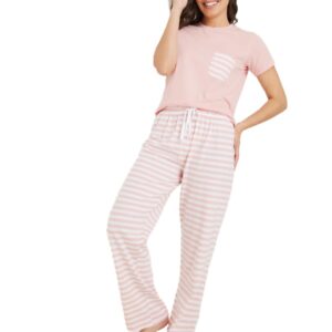 طقم بيجامة قطني مكون من تي شيرت بجيب وسروال بنمط مخطط للنساء من ستايلي