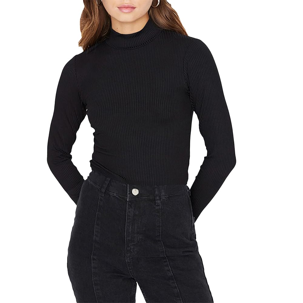 51qJaxTZRDL بلوزة منسوجة مضلعة برقبة مرتفعة- كم طويل- تيشيرت- للنساء