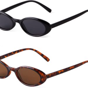 كاستويف نظارة شمسية كلاسيكية بيضاوية صغيرة للنساء ، نظارات في التسعينيات ملونة عصرية للحماية من الاشعة فوق البنفسجية 400 (قطعتان اسود + جلد الفهد)