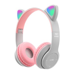 X spring Cat Ear Kids Headphones, Led Light Up Bluetooth 5.0 Wireless Kids Headphones, Foldable Cat Ear Headphones for iPad/Smartphone/PC/Tablet (Pink)