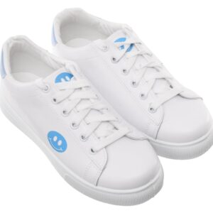 حذاء رياضي مسطح من الجلد برباط للنساء 99.99 يتميز بطباعة وجه مبتسم على الجانب (ابيض/ازرق، 39)