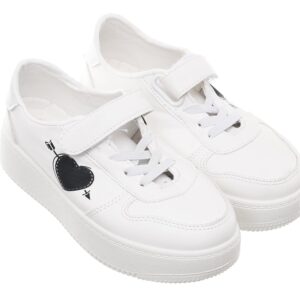 حذاء رياضي جلد للاطفال 99.99 مع اغلاق بلاصق فيلكرو ورسم على شكل قلب على الجانب ونعل سميك (ابيض/اسود، 33)